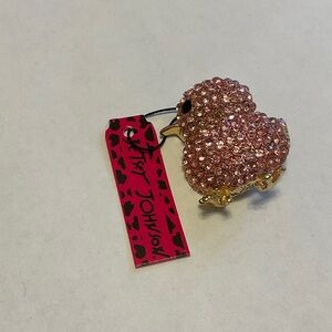 Betsey Johnson Pink Crystal Chick Brooch with Gold Accents